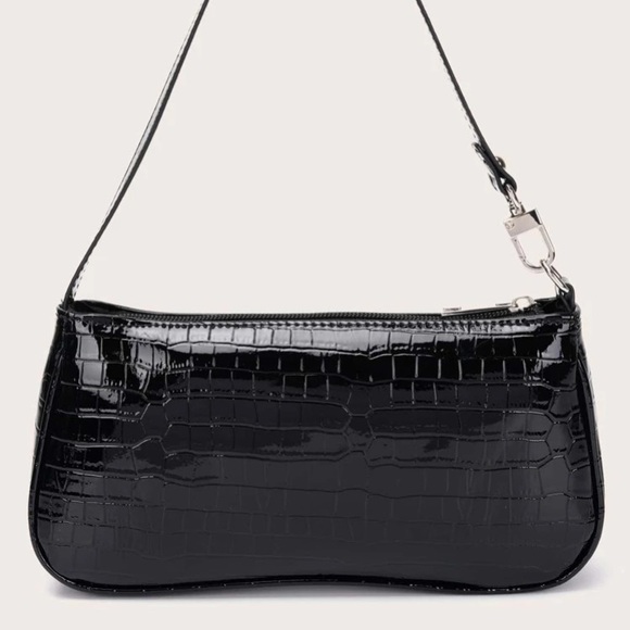 Black Croc Skin Baguette Bag - Picture 3 of 8